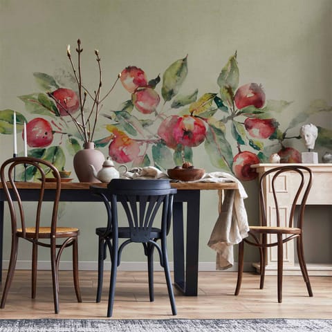 ⁨Fototapeta - Gałąź jabłoni - delikatny pejzaż z rośliną i jabłkami na białym tle (rozmiar 500x350, wykończenie Wodoodporna)⁩ w sklepie Wasserman.eu