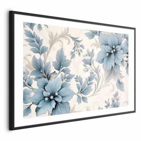 ⁨Plakat - Turkusowe ornamentalne retro kwiaty (rozmiar 90x60, wykończenie Rama czarna z marginesem)⁩ w sklepie Wasserman.eu