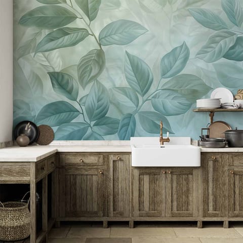 ⁨Fototapeta - Duże liście w odcieniach zielono-miętowych: motyw botaniczny (rozmiar 500x350, wykończenie Wodoodporna)⁩ w sklepie Wasserman.eu