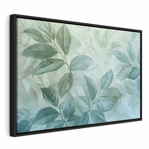 ⁨Obraz - Duże liście w odcieniach zielono-miętowych: motyw botaniczny (rozmiar 120x80, wykończenie W ramie drewnianej czarnej)⁩ w sklepie Wasserman.eu
