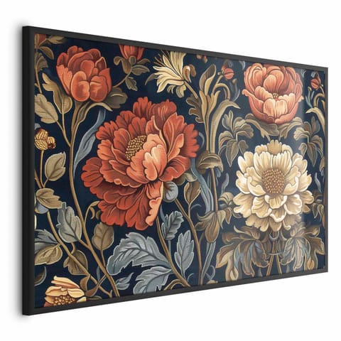 ⁨Plakat - Gobelinowe wielkie kwiaty w stylu retro (rozmiar 30x21, wykończenie Rama czarna)⁩ w sklepie Wasserman.eu