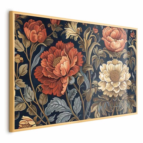 ⁨Plakat - Gobelinowe wielkie kwiaty w stylu retro (rozmiar 42x29.7, wykończenie Rama złota)⁩ w sklepie Wasserman.eu