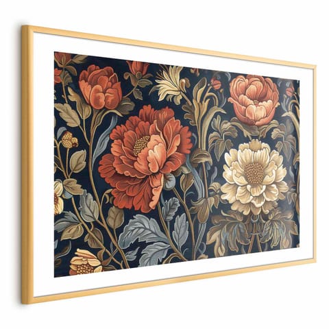 ⁨Plakat - Gobelinowe wielkie kwiaty w stylu retro (rozmiar 42x29.7, wykończenie Rama złota z marginesem)⁩ w sklepie Wasserman.eu
