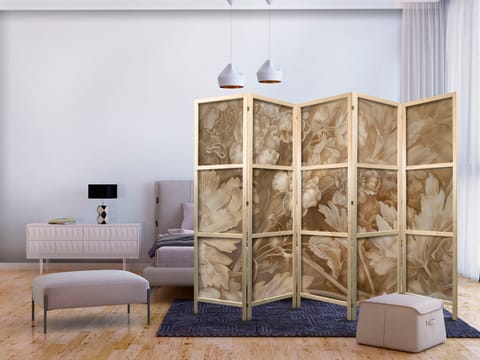 ⁨Parawan japoński - Ornamenty kwiatowe rzeźbione w delikatnych odcieniach sepii i brązu (rozmiar 225x172, wykończenie )⁩ w sklepie Wasserman.eu