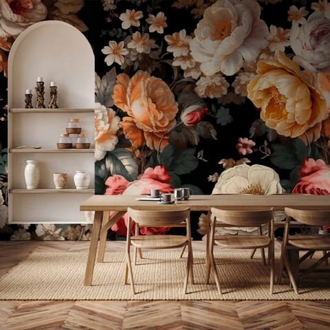 ⁨Fototapeta - Kolorowe kwiaty na czarnym tle (rozmiar 200x140, wykończenie Wodoodporna)⁩ w sklepie Wasserman.eu