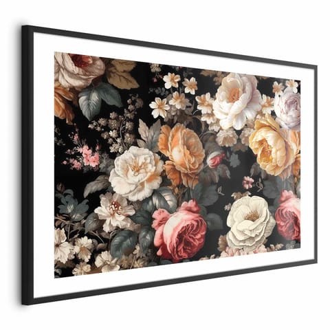 ⁨Plakat - Kolorowe kwiaty na czarnym tle (rozmiar 60x40, wykończenie Rama czarna z marginesem)⁩ w sklepie Wasserman.eu