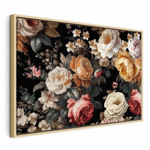 ⁨Obraz - Kolorowe kwiaty na czarnym tle (rozmiar 60x40, wykończenie W ramie drewnianej naturalnej)⁩ w sklepie Wasserman.eu