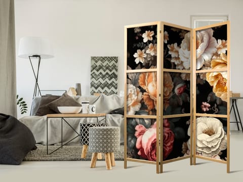 ⁨Parawan japoński - Florystyka w stylu vintage - ogrom kolorowych kwiatów na czarnym tle (rozmiar 135x172, wykończenie )⁩ w sklepie Wasserman.eu