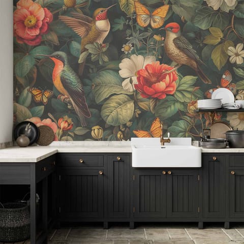 ⁨Fototapeta - Kwiaty, ptaki i motyle - ilustracja w stylu vintage (rozmiar 100x70, wykończenie Wodoodporna)⁩ w sklepie Wasserman.eu