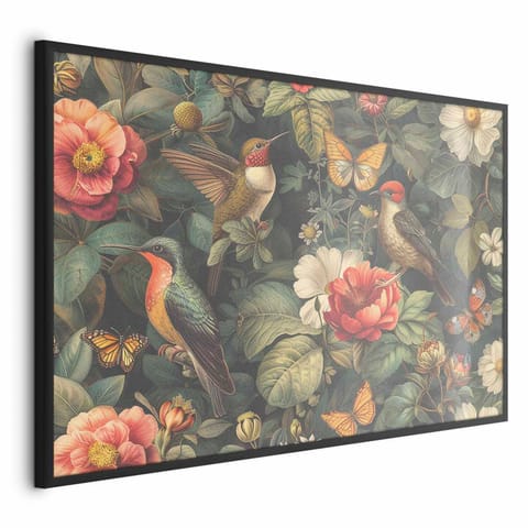 ⁨Plakat - Kwiaty; ptaki i motyle - ilustracja w stylu vintage (rozmiar 90x60, wykończenie Rama czarna)⁩ w sklepie Wasserman.eu