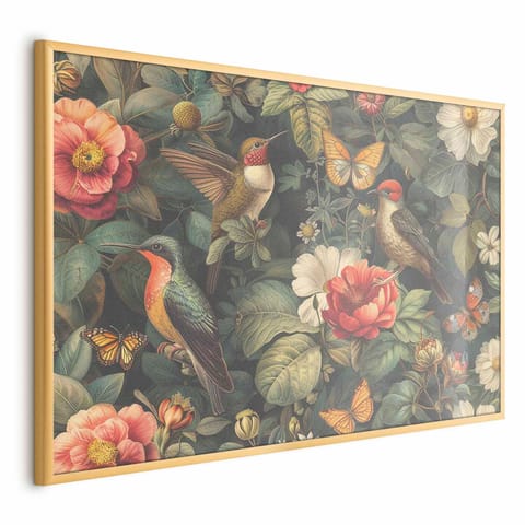⁨Plakat - Kwiaty; ptaki i motyle - ilustracja w stylu vintage (rozmiar 90x60, wykończenie Rama złota)⁩ w sklepie Wasserman.eu