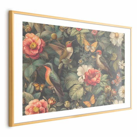 ⁨Plakat - Kwiaty; ptaki i motyle - ilustracja w stylu vintage (rozmiar 60x40, wykończenie Rama złota z marginesem)⁩ w sklepie Wasserman.eu