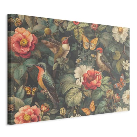 ⁨Obraz - Kwiaty, ptaki i motyle - ilustracja w stylu vintage (rozmiar 30x20, wykończenie Na płótnie włoskim)⁩ w sklepie Wasserman.eu