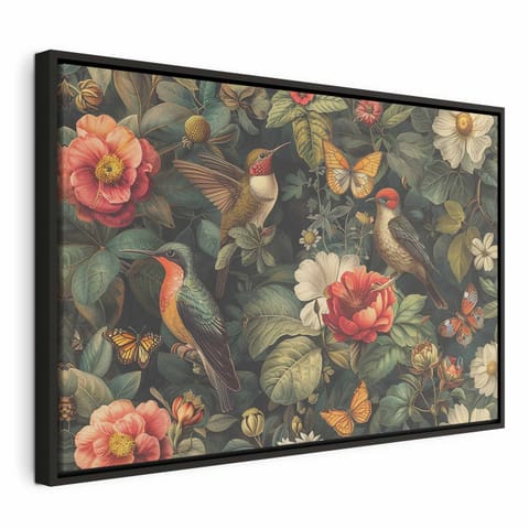 ⁨Obraz - Kwiaty, ptaki i motyle - ilustracja w stylu vintage (rozmiar 60x40, wykończenie W ramie drewnianej czarnej)⁩ w sklepie Wasserman.eu
