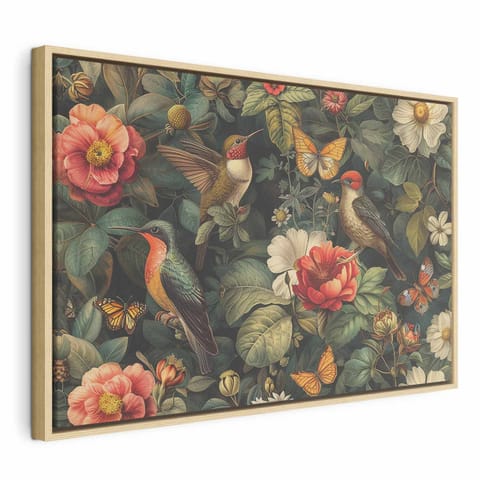 ⁨Obraz - Kwiaty, ptaki i motyle - ilustracja w stylu vintage (rozmiar 120x80, wykończenie W ramie drewnianej naturalnej)⁩ w sklepie Wasserman.eu