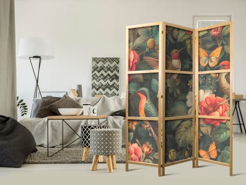 ⁨Parawan japoński - W ogrodzie botanicznym - kwiaty ptaki i motyle - barwna ilustracja (rozmiar 135x172, wykończenie )⁩ w sklepie Wasserman.eu