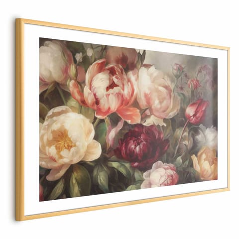 ⁨Plakat - Charyzmatyczne piwonie (rozmiar 30x21, wykończenie Rama złota z marginesem)⁩ w sklepie Wasserman.eu