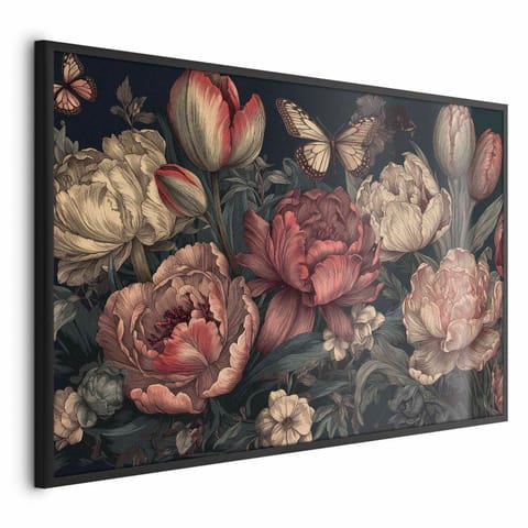 ⁨Plakat - Kwiaty na turkusowym tle (rozmiar 60x40, wykończenie Rama czarna)⁩ w sklepie Wasserman.eu