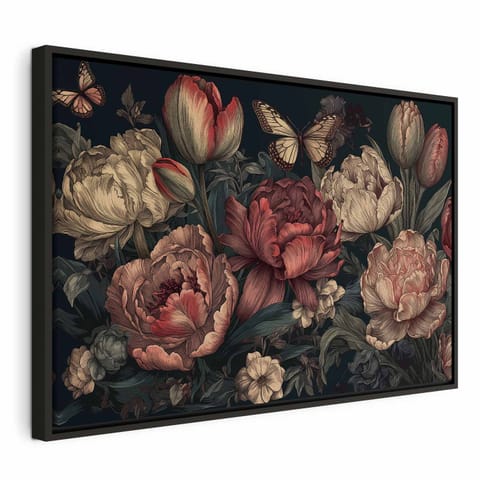 ⁨Obraz - Kwiaty na turkusowym tle (rozmiar 120x80, wykończenie W ramie drewnianej czarnej)⁩ w sklepie Wasserman.eu