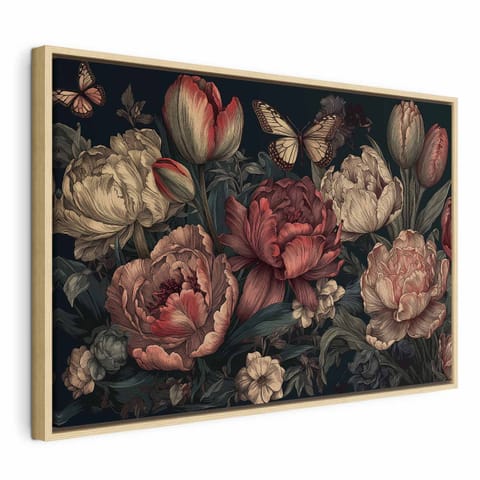 ⁨Obraz - Kwiaty na turkusowym tle (rozmiar 120x80, wykończenie W ramie drewnianej naturalnej)⁩ w sklepie Wasserman.eu