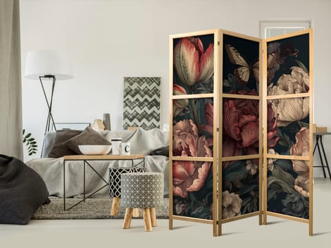 ⁨Parawan japoński - Ilustracja florystyczna - okazałe pąki kwiatów na turkusowym tle (rozmiar 135x172, wykończenie )⁩ w sklepie Wasserman.eu