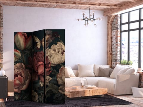 ⁨Parawan - Ilustracja florystyczna - okazałe pąki kwiatów na turkusowym tle (rozmiar 135x172, wykończenie Dwustronny)⁩ w sklepie Wasserman.eu