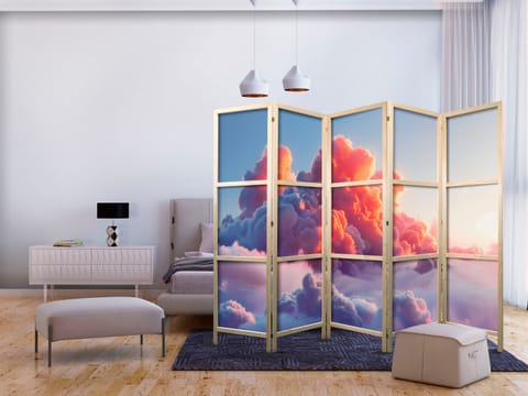 ⁨Parawan japoński - Zmierzchowy spektakl: chmury w odcieniach różu i fioletu (rozmiar 225x172, wykończenie )⁩ w sklepie Wasserman.eu