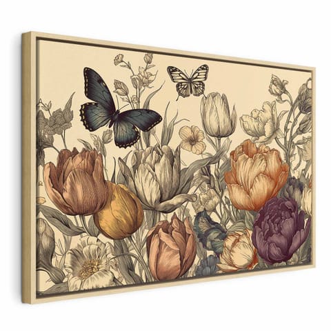 ⁨Obraz - Kolorowe tulipany na kremowym tle (rozmiar 120x80, wykończenie W ramie drewnianej naturalnej)⁩ w sklepie Wasserman.eu