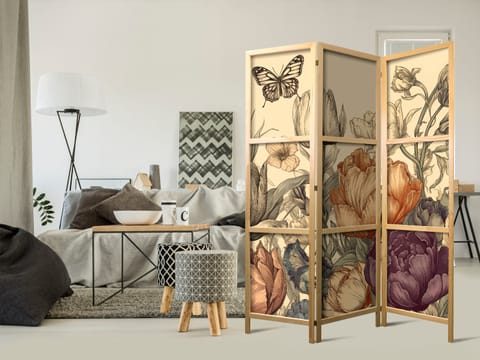 ⁨Parawan japoński - Tulipany w kremie - ilustracja kwiatów i motyli na jasnym tle (rozmiar 135x172, wykończenie )⁩ w sklepie Wasserman.eu