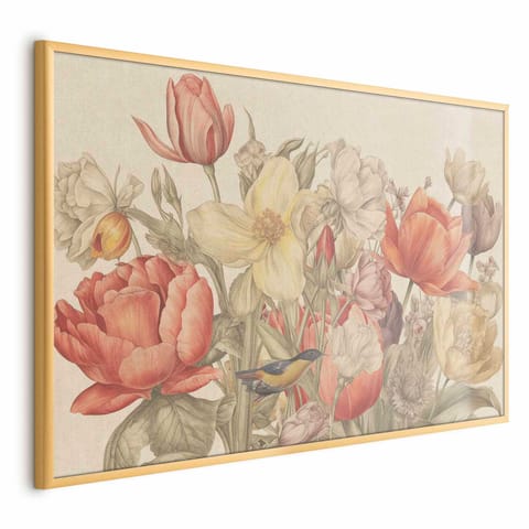 ⁨Plakat - Bukiet kwiatów na kremowym tle (rozmiar 30x21, wykończenie Rama złota)⁩ w sklepie Wasserman.eu