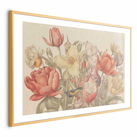 ⁨Plakat - Bukiet kwiatów na kremowym tle (rozmiar 30x21, wykończenie Rama złota z marginesem)⁩ w sklepie Wasserman.eu