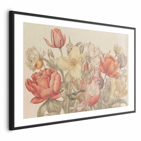 ⁨Plakat - Bukiet kwiatów na kremowym tle (rozmiar 30x21, wykończenie Rama czarna z marginesem)⁩ w sklepie Wasserman.eu