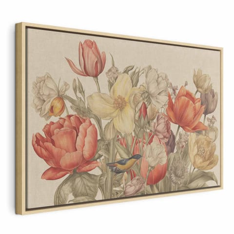 ⁨Obraz - Bukiet kwiatów na kremowym tle (rozmiar 60x40, wykończenie W ramie drewnianej naturalnej)⁩ w sklepie Wasserman.eu