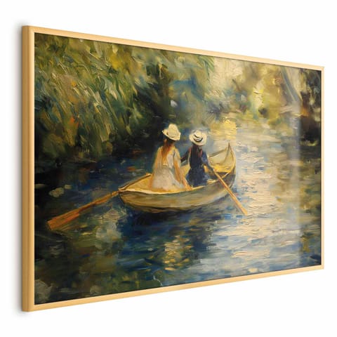 ⁨Plakat - Przeprawa łódką - obraz dwóch kobiet płynących łódką na rzece (rozmiar 30x21, wykończenie Rama złota)⁩ w sklepie Wasserman.eu