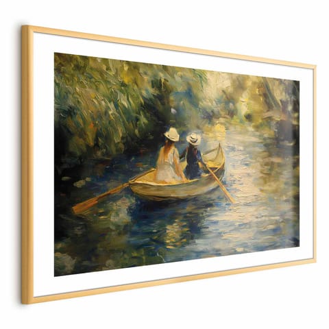 ⁨Plakat - Przeprawa łódką - obraz dwóch kobiet płynących łódką na rzece (rozmiar 90x60, wykończenie Rama złota z marginesem)⁩ w sklepie Wasserman.eu