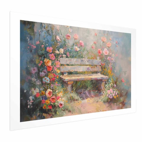 ⁨Plakat - Kwiecista ławeczka - obraz w stylu impresjonistycznym pełen kwiatów (rozmiar 60x40, wykończenie Bez ramy z marginesem)⁩ w sklepie Wasserman.eu