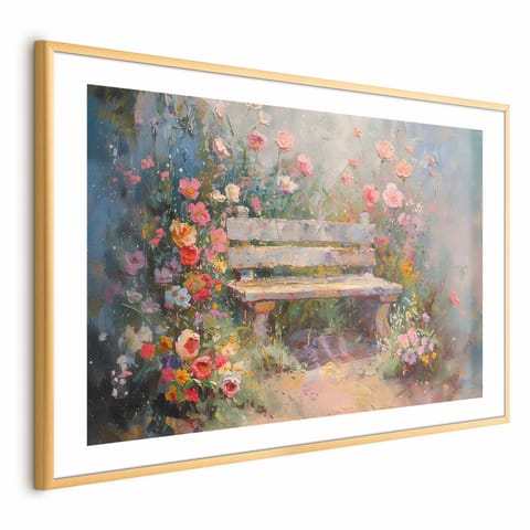 ⁨Plakat - Kwiecista ławeczka - obraz w stylu impresjonistycznym pełen kwiatów (rozmiar 90x60, wykończenie Rama złota z marginesem)⁩ w sklepie Wasserman.eu