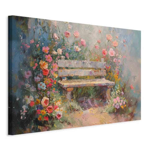 ⁨Obraz - Kwiecista ławeczka - obraz w stylu impresjonistycznym pełen kwiatów (rozmiar 30x20, wykończenie Na płótnie włoskim)⁩ w sklepie Wasserman.eu