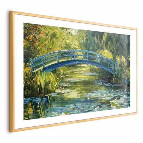 ⁨Plakat - Impresjonistyczny mostek - obraz mostu na malowniczym tle (rozmiar 90x60, wykończenie Rama złota z marginesem)⁩ w sklepie Wasserman.eu