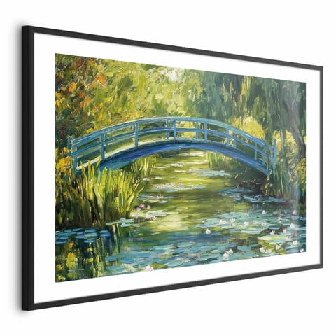 ⁨Plakat - Impresjonistyczny mostek - obraz mostu na malowniczym tle (rozmiar 90x60, wykończenie Rama czarna z marginesem)⁩ w sklepie Wasserman.eu