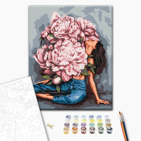 ⁨Obraz do samodzielnego malowania - Wielbicielka piwonii (rozmiar 40x50, wykończenie )⁩ w sklepie Wasserman.eu