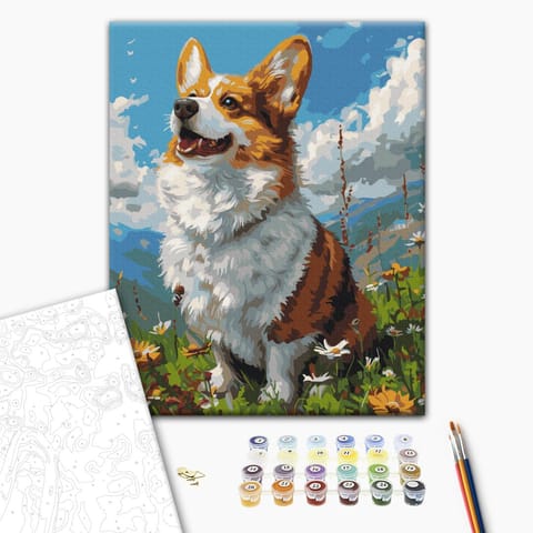 ⁨Obraz do samodzielnego malowania - Słoneczny Corgi (rozmiar 40x50, wykończenie )⁩ w sklepie Wasserman.eu