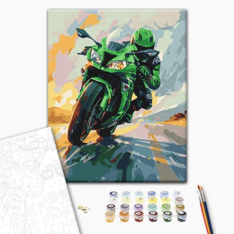 ⁨Obraz do samodzielnego malowania - Zielony motocykl w pędzie (rozmiar 40x50, wykończenie )⁩ w sklepie Wasserman.eu
