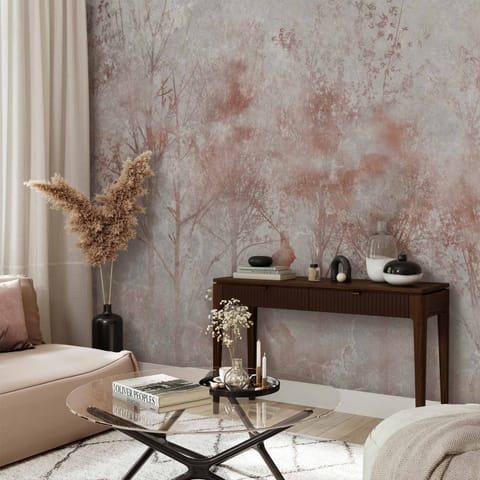 ⁨Fototapeta - Jesienny pejzaż - abstrakcja z drzewami i ptakami na tle z teksturą (rozmiar 150x105, wykończenie Standard)⁩ w sklepie Wasserman.eu