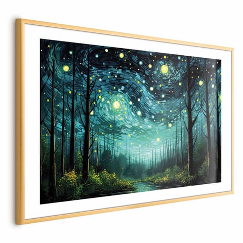 ⁨Plakat - Gwieździsta noc - współczesna wersja nocnego nieba Van Gogha (rozmiar 30x21, wykończenie Rama złota z marginesem)⁩ w sklepie Wasserman.eu
