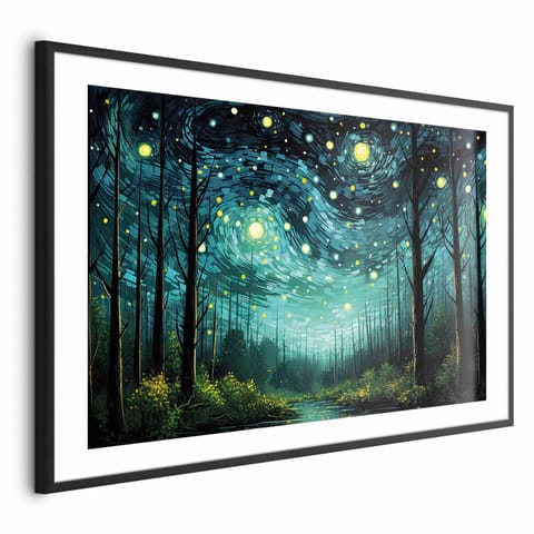 ⁨Plakat - Gwieździsta noc - współczesna wersja nocnego nieba Van Gogha (rozmiar 90x60, wykończenie Rama czarna z marginesem)⁩ w sklepie Wasserman.eu