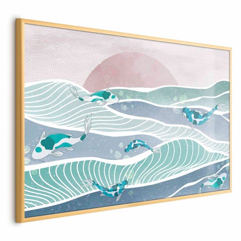 ⁨Plakat - Ryby na falach (rozmiar 60x40, wykończenie Rama złota)⁩ w sklepie Wasserman.eu