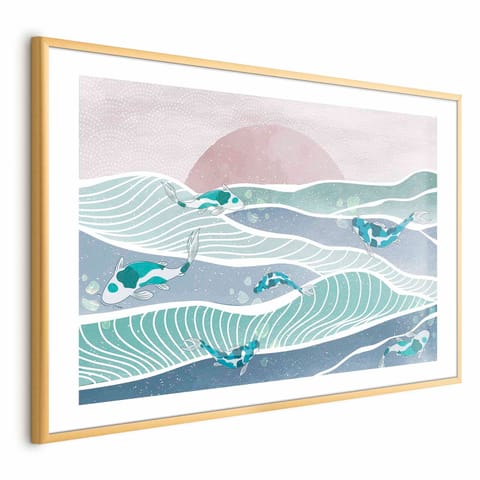 ⁨Plakat - Ryby na falach (rozmiar 60x40, wykończenie Rama złota z marginesem)⁩ w sklepie Wasserman.eu