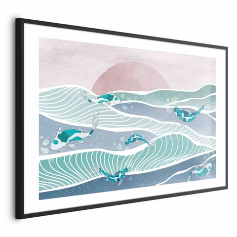 ⁨Plakat - Ryby na falach (rozmiar 30x21, wykończenie Rama czarna z marginesem)⁩ w sklepie Wasserman.eu