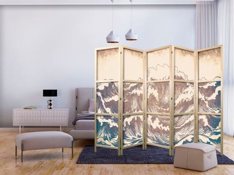 ⁨Parawan japoński - Wzburzony ocean - Wysokie fale w kolorystyce brązu i granatu na beżowym tle w stylistyce vintage (rozmiar 225x172, wykończenie )⁩ w sklepie Wasserman.eu